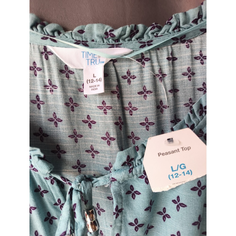 Time and Tru Teal Geometric Floral Peasant Top Long Sleeve Ruffle Neck L 12-14 - Picture 2 of 3
